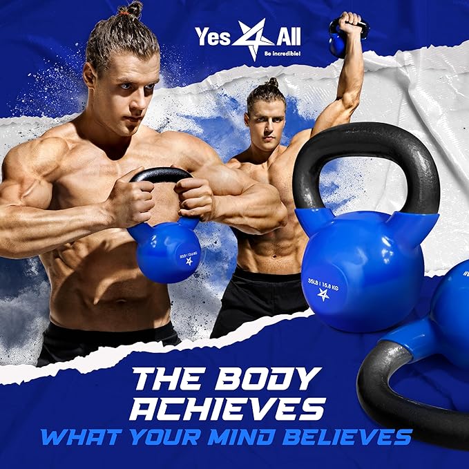 Yes4All Kettlebell, 5-100 LB Vinyl Coated Cast Iron Strength Training Kettlebells for Home Gym Exercises, Fitness, Full Body Workout Equipment, Push Ups, and Grip Strength