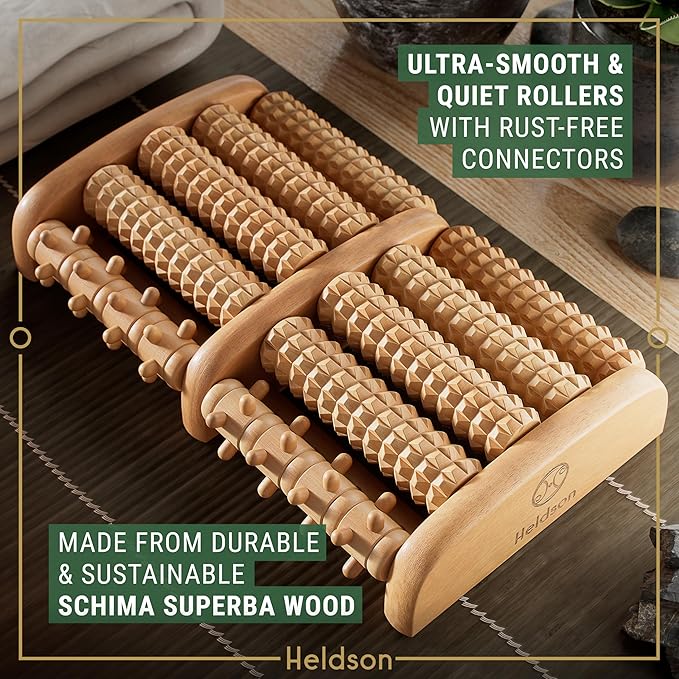 HELDSON® Foot Roller Massager Plantar Fasciitis Pain Relief - Wooden Under Desk Feet Massage - Dual Manual Heel Massagers - Wood Rolling Acupressure Tool with Reflexology Guide - Gift for Men, Women
