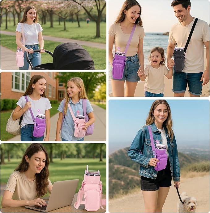 &And Per Se Water Bottle Carrier Bag, 40oz Water Bottle Holder with Detachable Phone Pocket, Food-Grade Straw Cover, Bag Charm and Adjustable Shoulder Strap (Black)