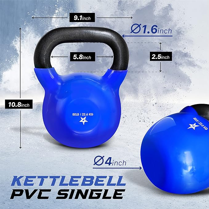 Yes4All Kettlebell, 5-100 LB Vinyl Coated Cast Iron Strength Training Kettlebells for Home Gym Exercises, Fitness, Full Body Workout Equipment, Push Ups, and Grip Strength