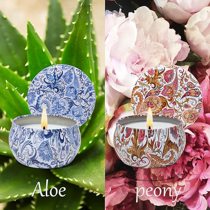 2 Pack Scented Candles, 2.5 oz Aromatherapy Candles for Home Scented, Natural Soy Candles with Floral Scents, Portable Small Jar Candle Set for Travel, Spa, Bath, Home Decor Tin Candle Pack