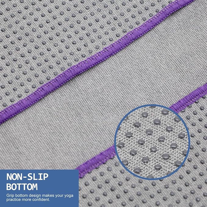 Eunzel Hot Yoga Towel - Microfiber Non Slip Yoga Mat Towel with Grip Dot Sweat Absorbent Towel for Hot Yoga, Pilates and Fitness 72" x 24", Dark Grey/Purple