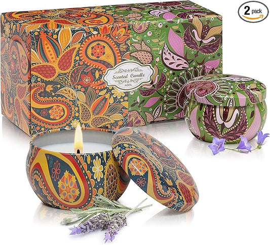 2 Pack Scented Candles, 2.5 oz Aromatherapy Candles for Home Scented, Natural Soy Candles with Floral Scents, Portable Small Jar Candle Set for Travel, Spa, Yoga, Home Decor Tin Candle Pack